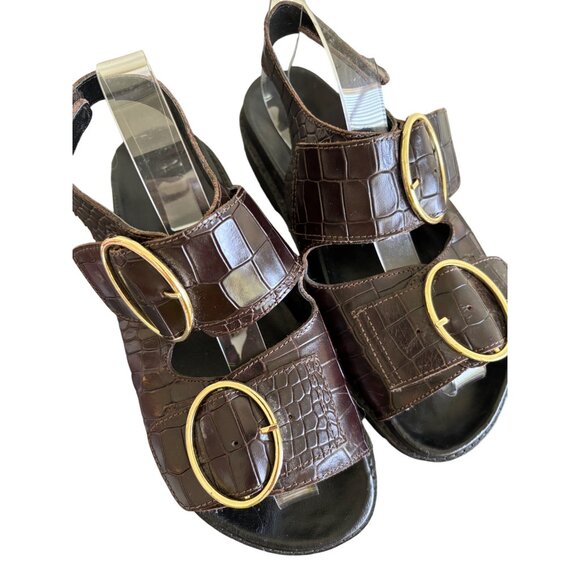 ASRA Womens Brown Croc-Embossed Chunky Sandals With Gold Buckles - Picture 14 of 15